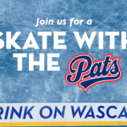 Skate with the Pats on the Rink on Wascana Graphic reading ‘Join us for a Skate with the Pats’ over a scratched ice background, with the Pats logo and a ‘Rink on Wascana’ rink board at the bottom.