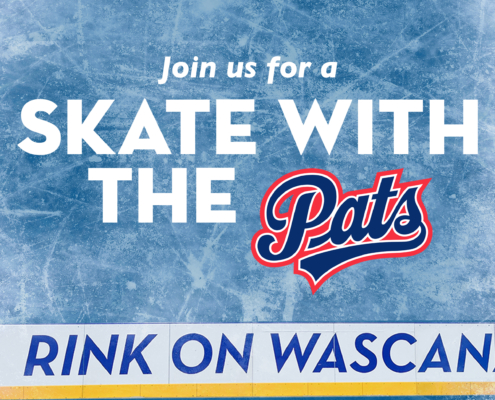 Graphic reading ‘Join us for a Skate with the Pats’ over a scratched ice background, with the Pats logo and a ‘Rink on Wascana’ rink board at the bottom.